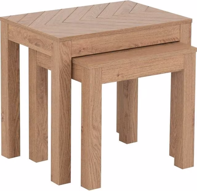 FORGEVIO Modern Nest of 2 Tables in Medium Oak Brown with Herringbone Wood Design