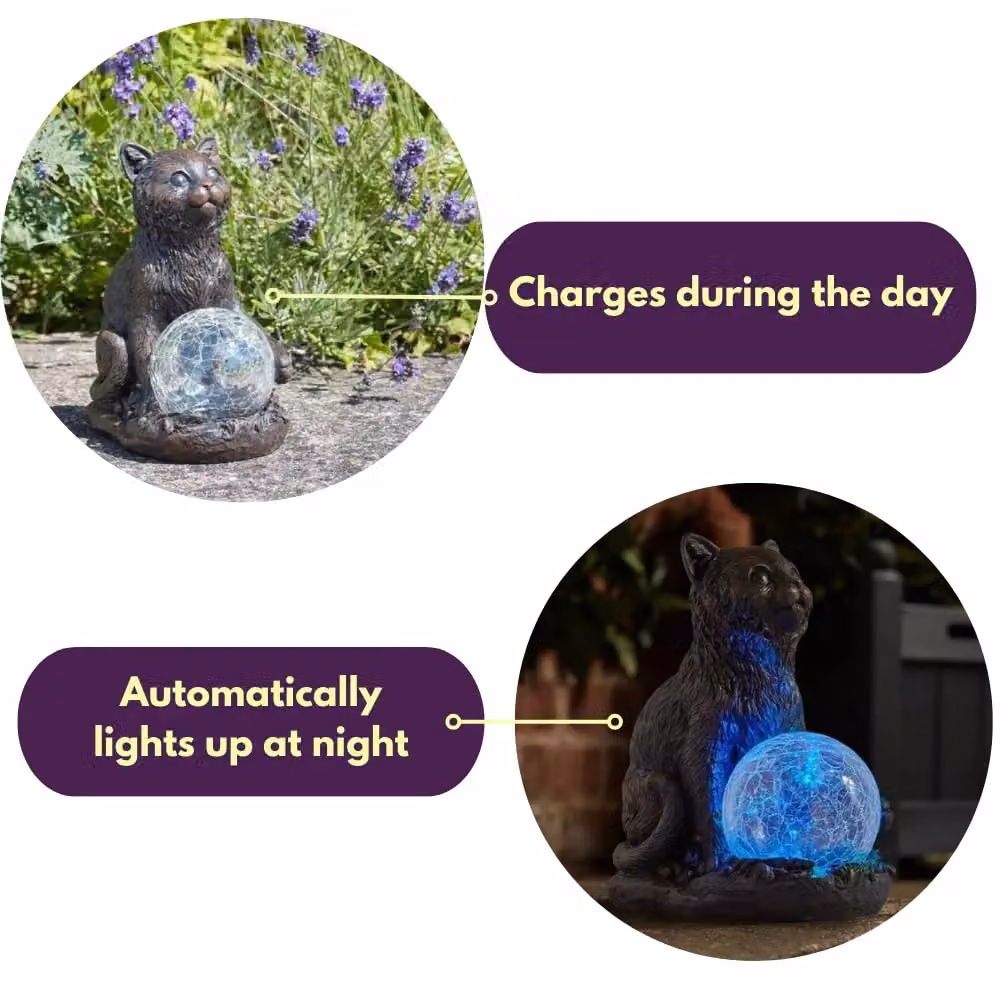 Marco Paul Grey Resin Cat Solar Powered Garden Ornament with Crystal Ball LED Light – 7