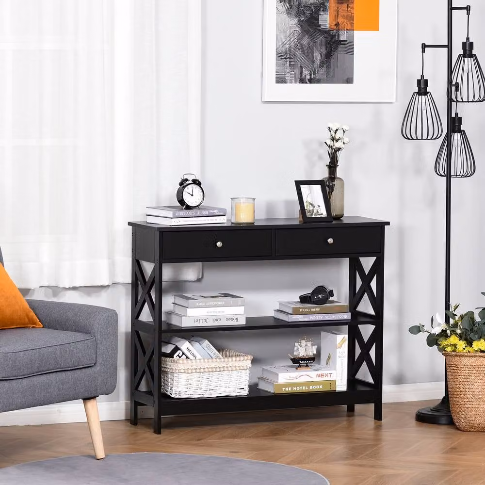 ERGOVEXA Modern Console Table with Shelves and Drawers, Black, W/D/H: 80.0 x 30.5 x 20.0 cm – 3