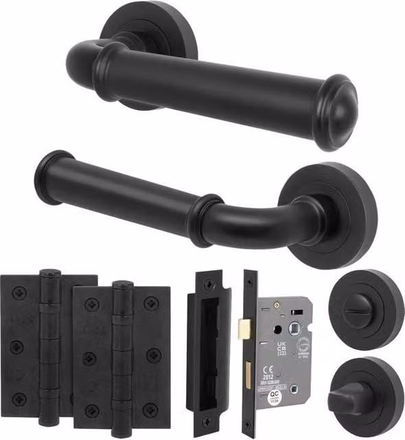 AFIT Matt Black Aluminium Bathroom Door Handle Set with Lock and Hinges – 1