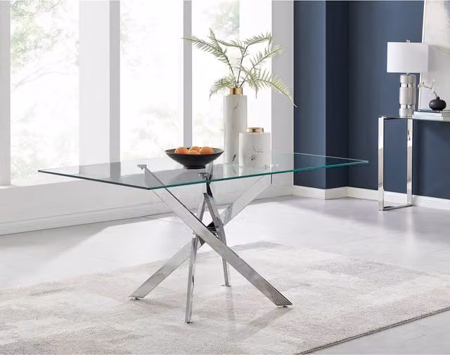 FurnitureboxUK Leonardo 6 Seat Rectangular Dining Table with White Marble Effect Grey Glass Top and Silver Metal Legs