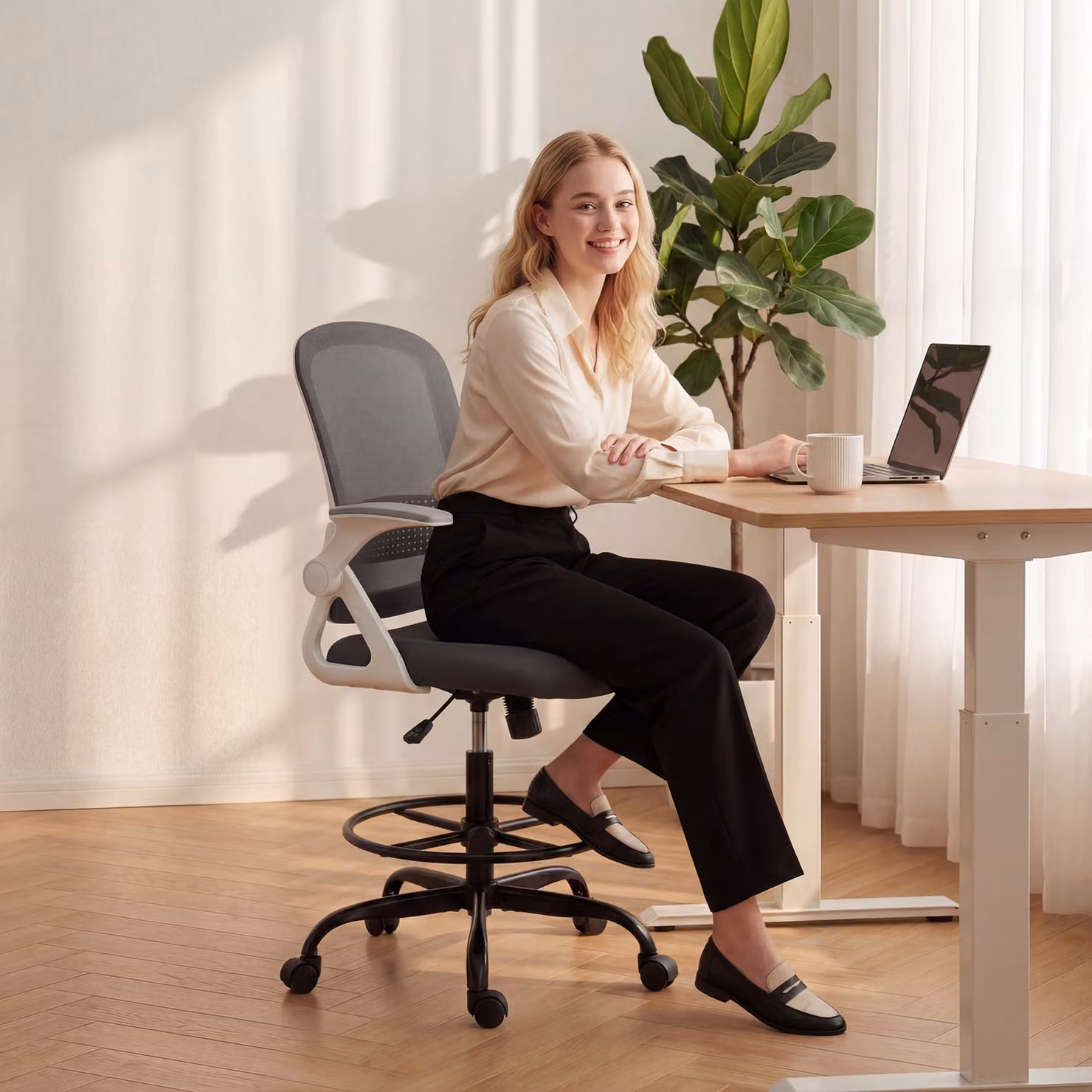 HOMCOM Grey Mesh Drafting Chair with Flip-up Armrests and Foot Ring – 8
