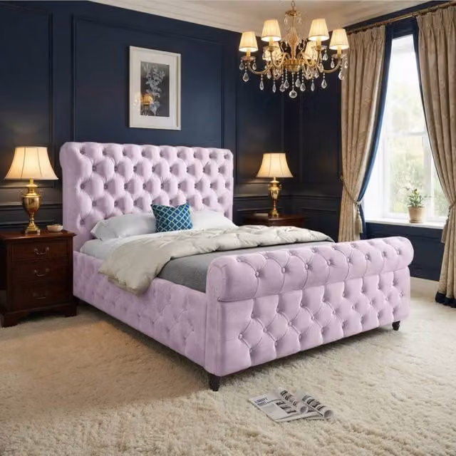 KDMD Tickencote Sleigh Upholstered Bed Frame in Pink Soft Velvet, Small Single