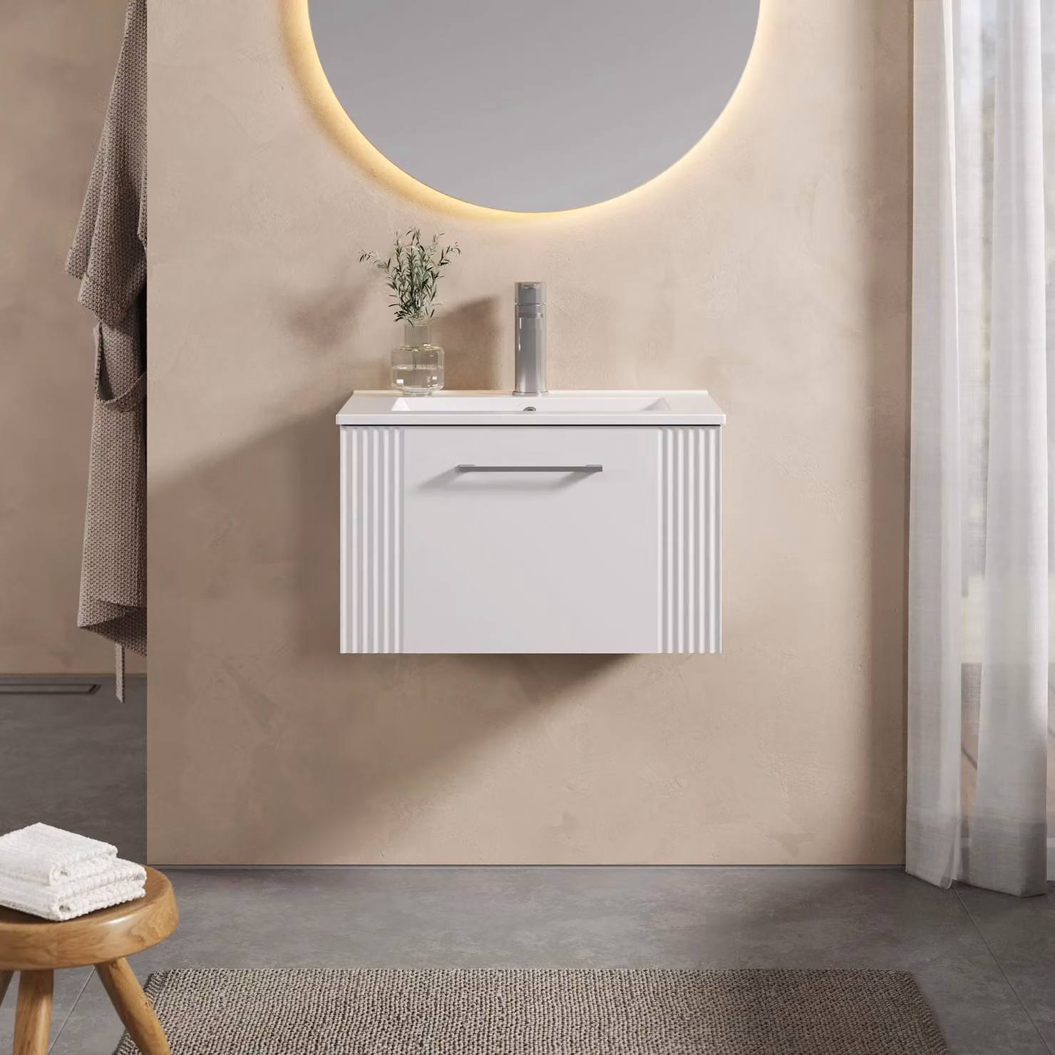 Balterley Wall Hung 1 Drawer Vanity Unit with Minimalist Basin, Satin White, Width: 60 cm – 2