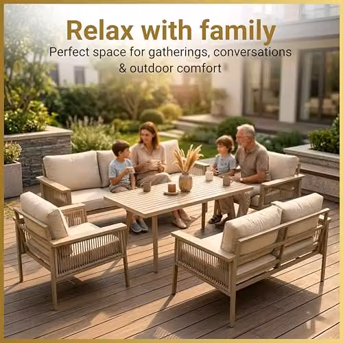SHATCHI 7 Seater Aluminium Garden Furniture Set with Dining Table and Beige Upholstered Foam Cushions – 4