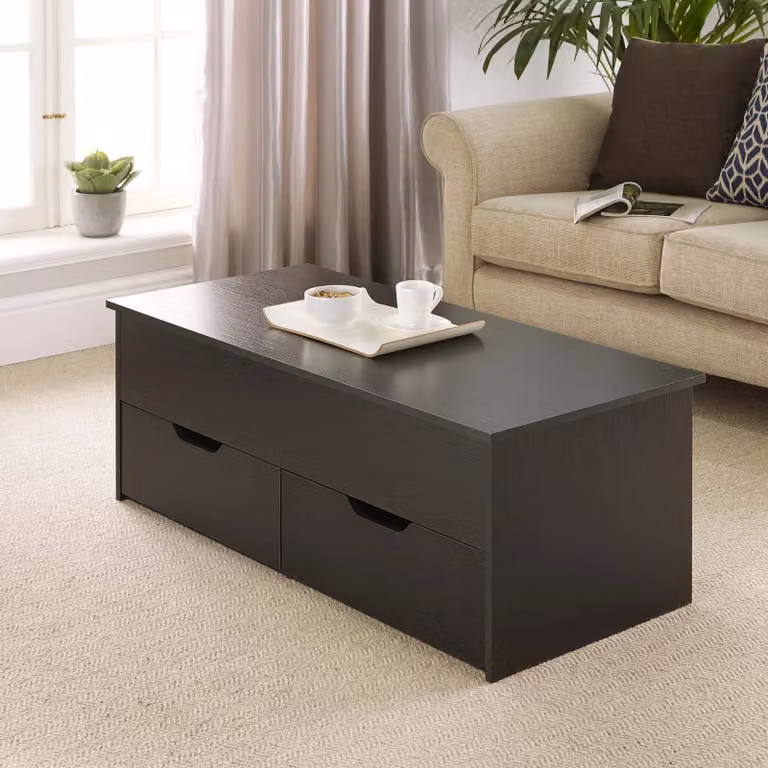 Home Source Black Wooden Coffee Table with Lift Up Top and 2 Large Storage Drawers