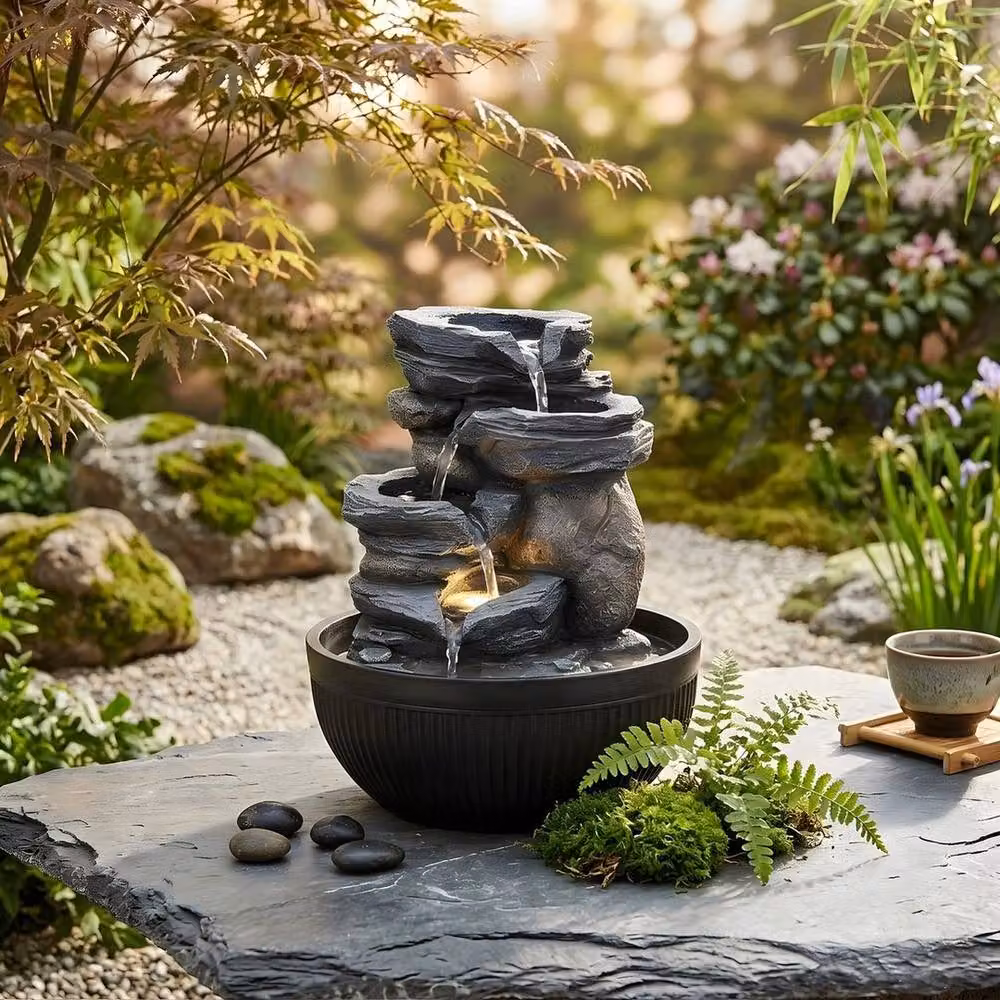 Kelvenix 4 Tier Cascading Tabletop Stone Fountain with LED Light in Grey – 5