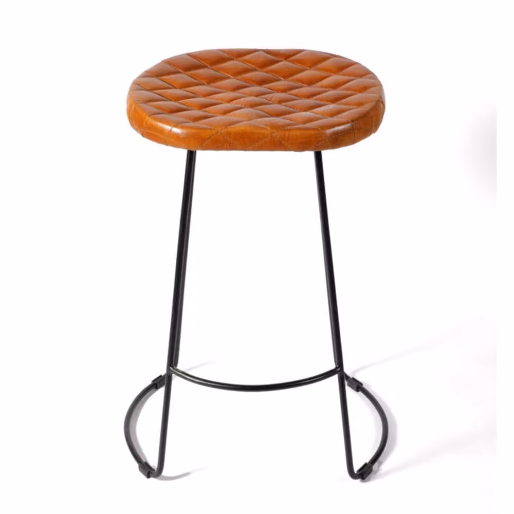 Elm Home And Garden Tan Brown Genuine Leather Top Bar Stool with Black Metal Frame, H 70.0 cm x W 36.0 cm x D 52.0 cm – 2