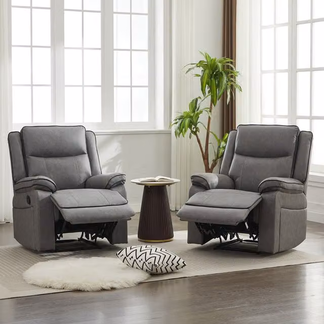 Furniture One Modern Grey Synthetic Leather Manual Reclining 3 Piece Sofa Suite Including 2 Seater Sofa, 3 Seater Sofa and Armchair