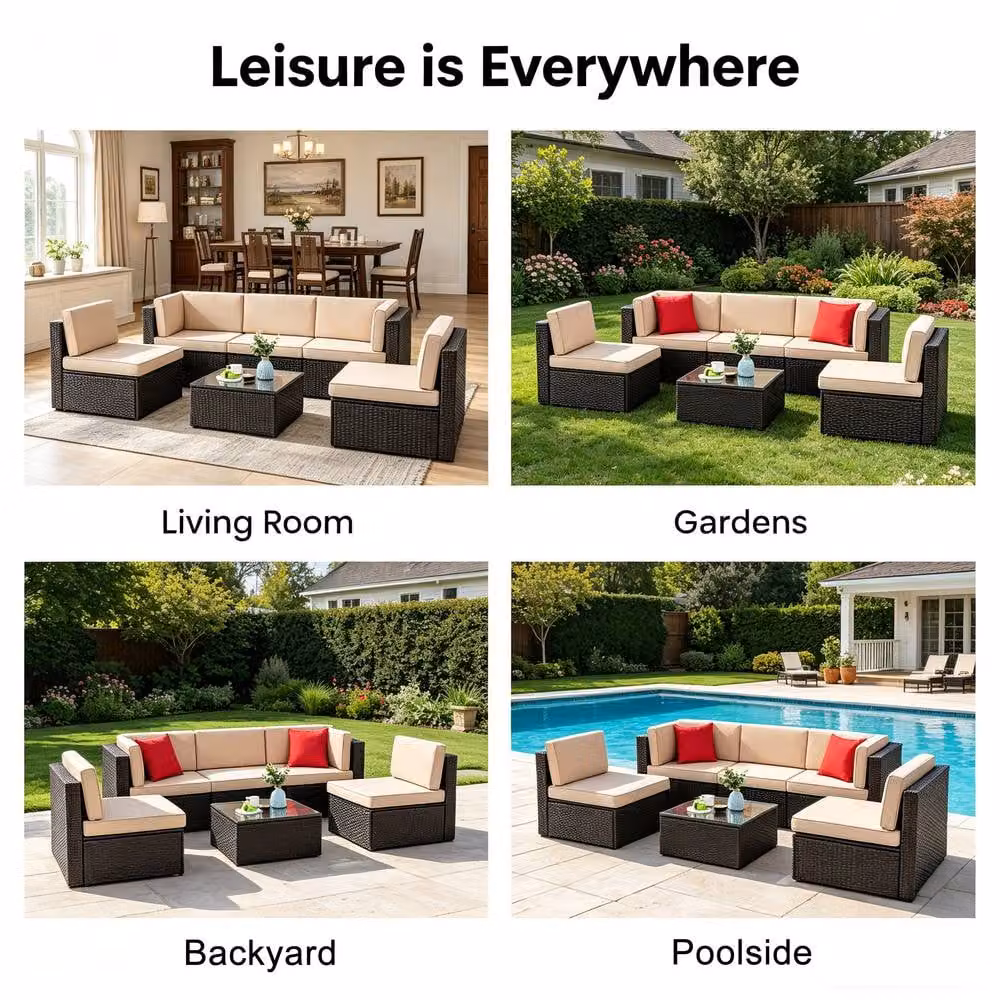 Lishetimig 6-Piece Dark Brown Polyrattan Outdoor Garden Furniture Set with Upholstered Cushions – 4