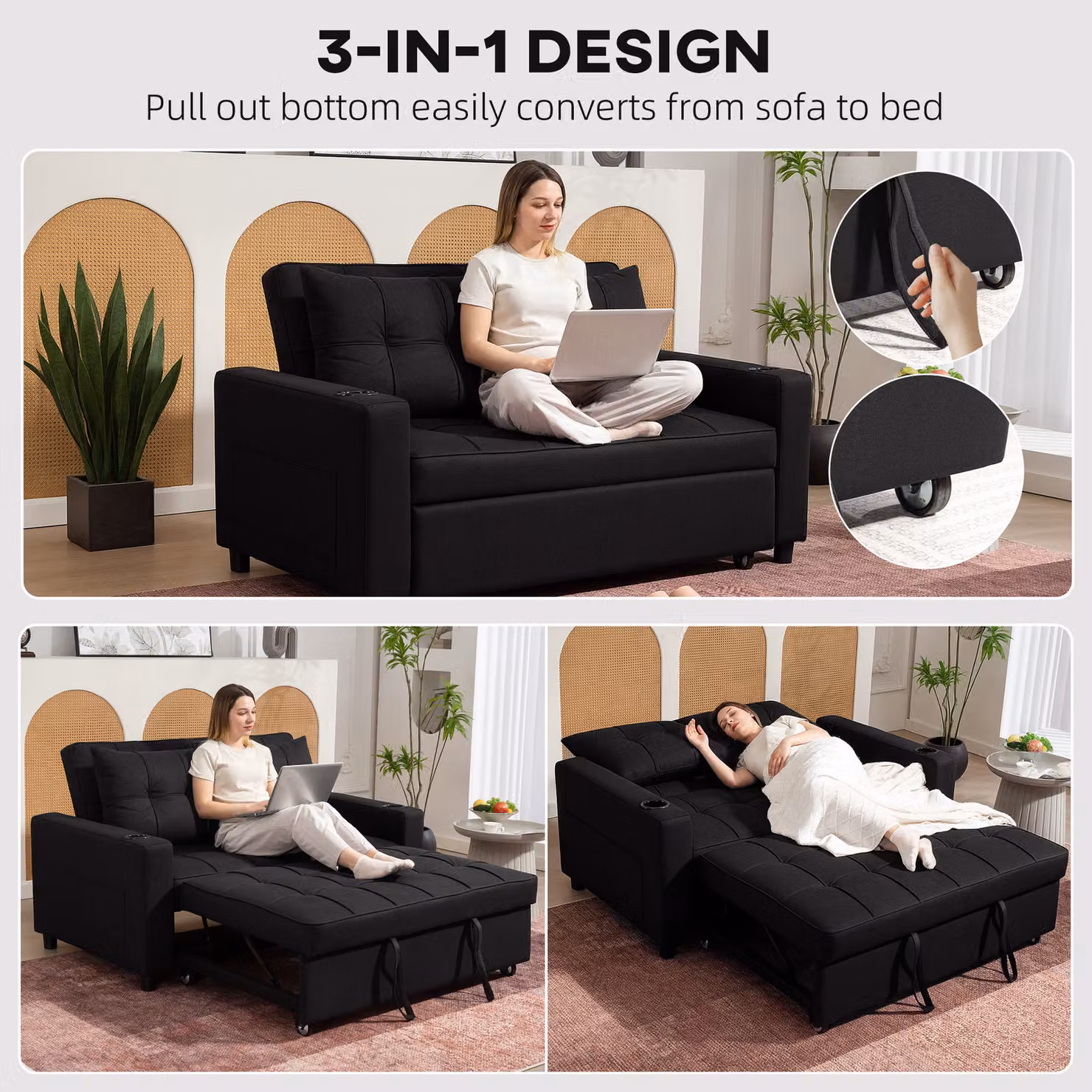 HOMCOM Two-Seater Click-Clack Pull-Out Sofa Bed with Cup Holders in Black – 4