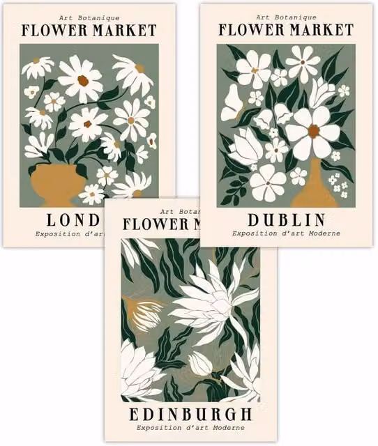 ARTZE Set of 3 Dark Green Flower Market London Edinburgh Dublin Botanical Art Posters, W: 59 cm, H: 84 cm