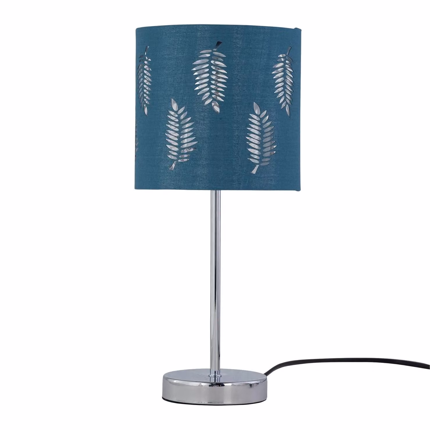 First Choice Lighting Set of 2 Chrome Stick Table Lamps with Teal Fern Cut Out Shades in Silver, H 37.0 cm x W 15.5 cm x D 15.5 cm – 2