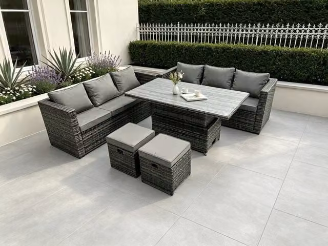 Fimous 8 Seater Outdoor Rattan Garden Furniture Set in Dark Grey with Adjustable Lifting Dining Table and Ottomans – 1