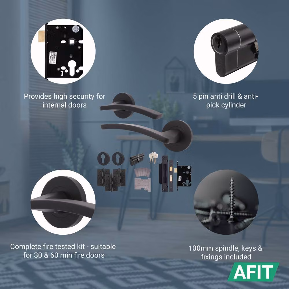 AFIT Black Fire Door Handle, Euro Lock Cylinder and Hinges Set in Matt Black – 3