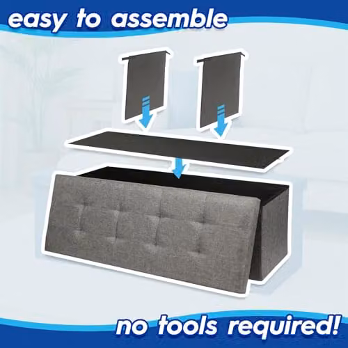 Harbour Housewares Foldable Grey Linen Storage Ottoman Bench, W/D/H: 111 x 37 x 39 cm – 4