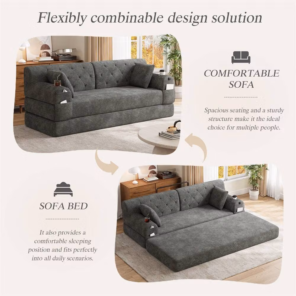 Direct Wicker 3-Seater Corduroy Sofa Bed with Cup Holders and Side Storage Pockets in Grey – 3