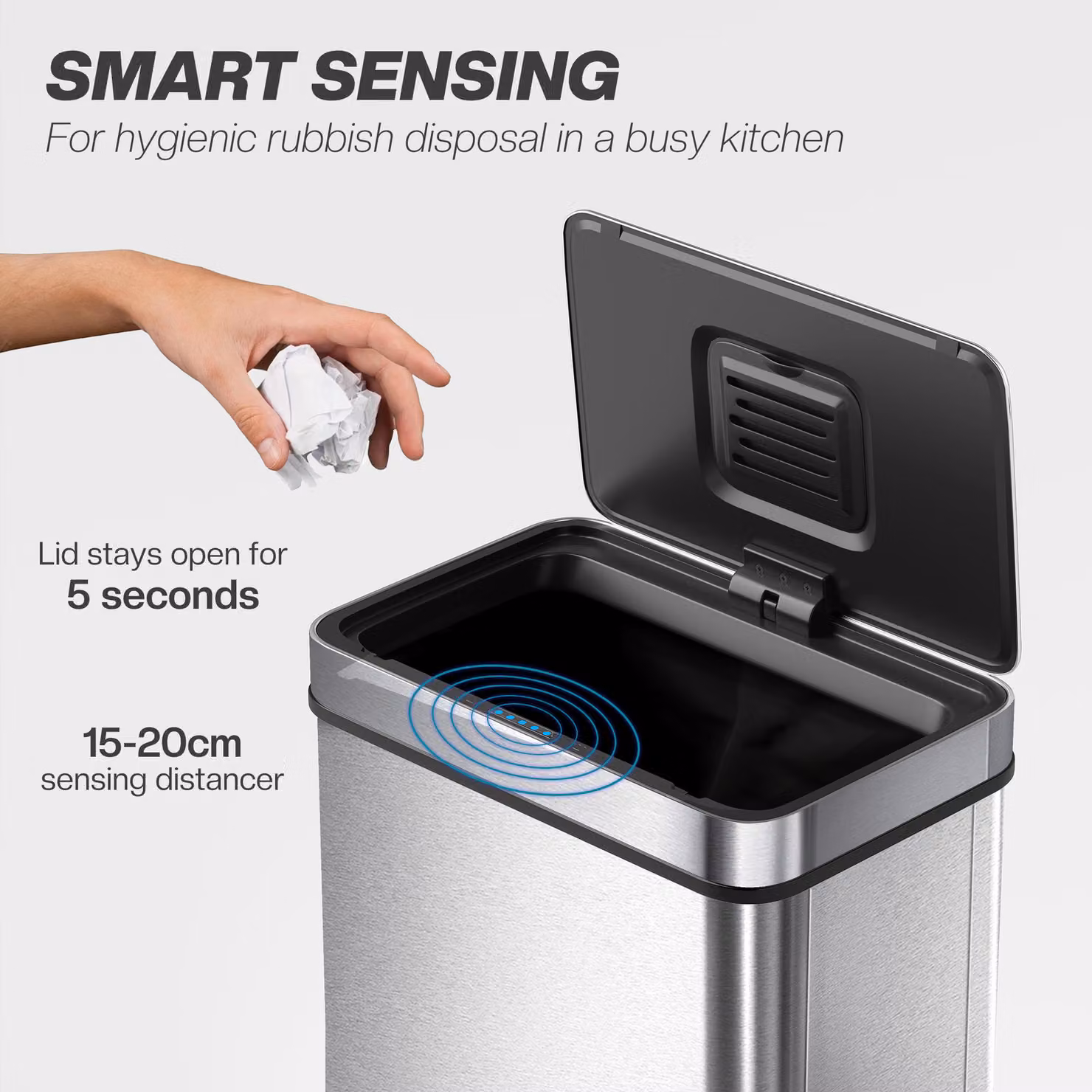 HOMCOM 60 L Sensor Bin with Soft-Close Lid and Odour Filter, Fingerprint-Proof Stainless Steel, Silver – 4