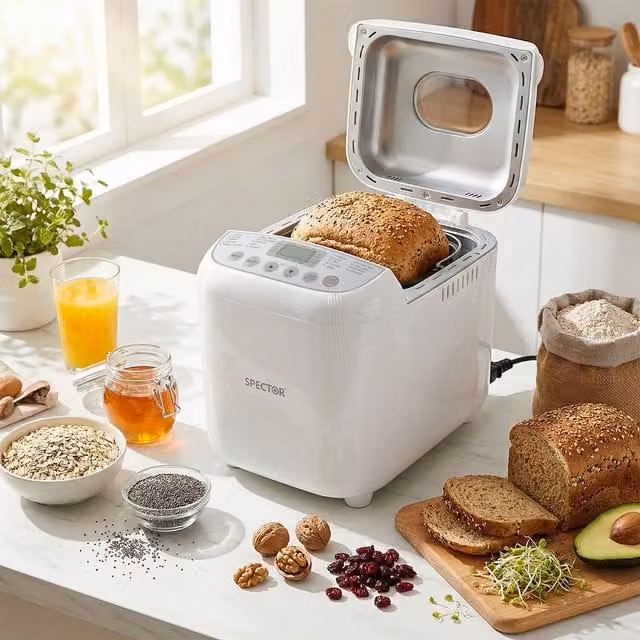 Spector 19-in-1 Automatic Bread Maker, 600W, White and Silver Stainless Steel with Non-Stick Coating