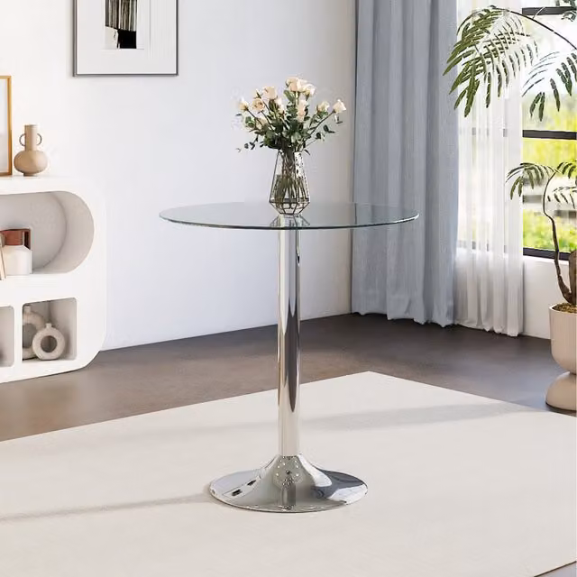 Komore Modern Round Dining Table with Transparent Glass Top and Silver Metal Central Column