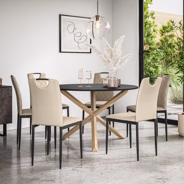 More4Homes Malvern Round Black Dining Table with 6 Beige Monza Faux Leather Chairs and Oak Legs
