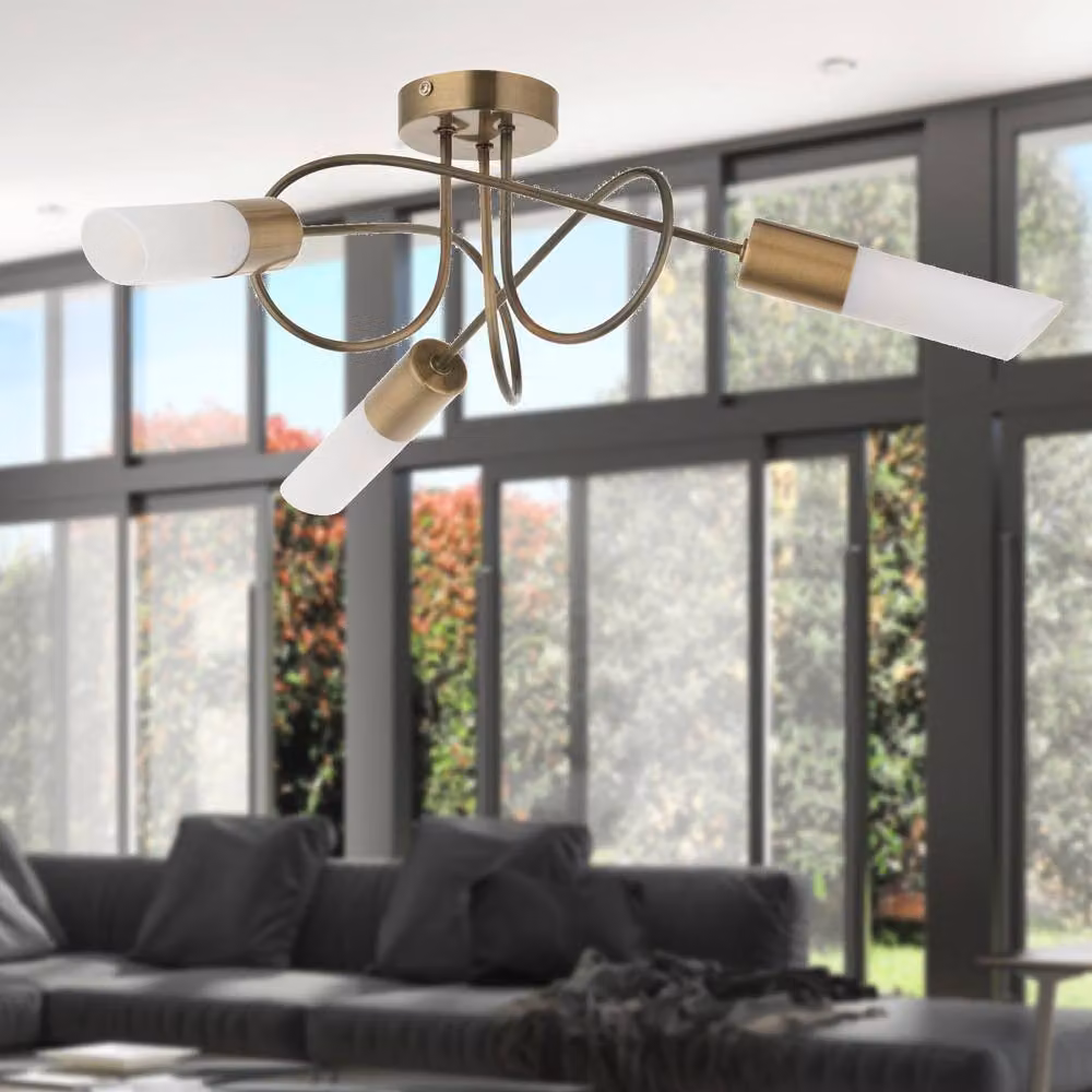 First Choice Lighting Joshi Antique Brass Semi Flush Ceiling Light with Glass Shades in Bronze – 3