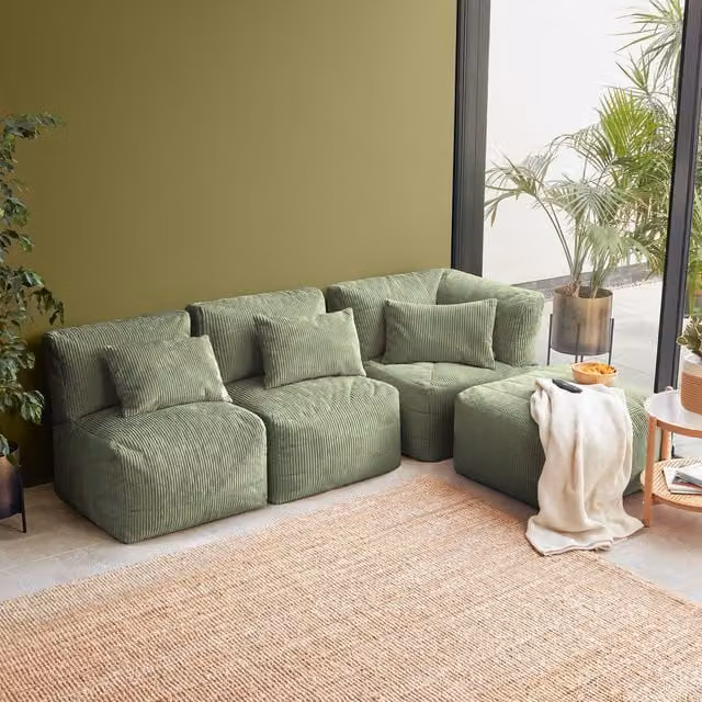 Noa Modular Bean Bag Sofa Set in Green, including 2x Recliners, 1x Corner and 1x Slab