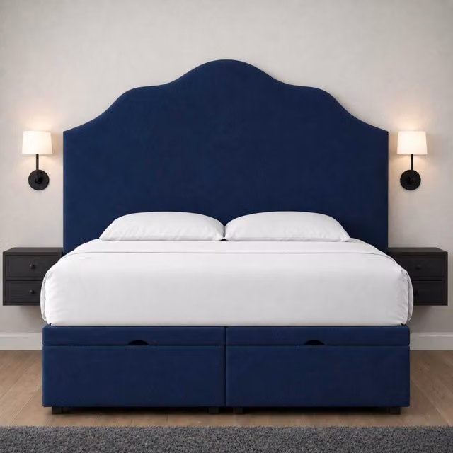 K Mehmood Enterprise Ltd Luxury Blue Fabric Upholstered Gas Lift Storage Bed with Headboard