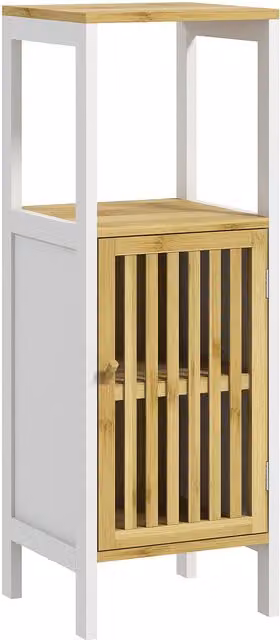 HOMCOM Retro Bamboo-Blend White Bathroom Storage Unit with Cupboard and Internal Shelves, H 90.5 x W 32.0 x D 7.3 cm
