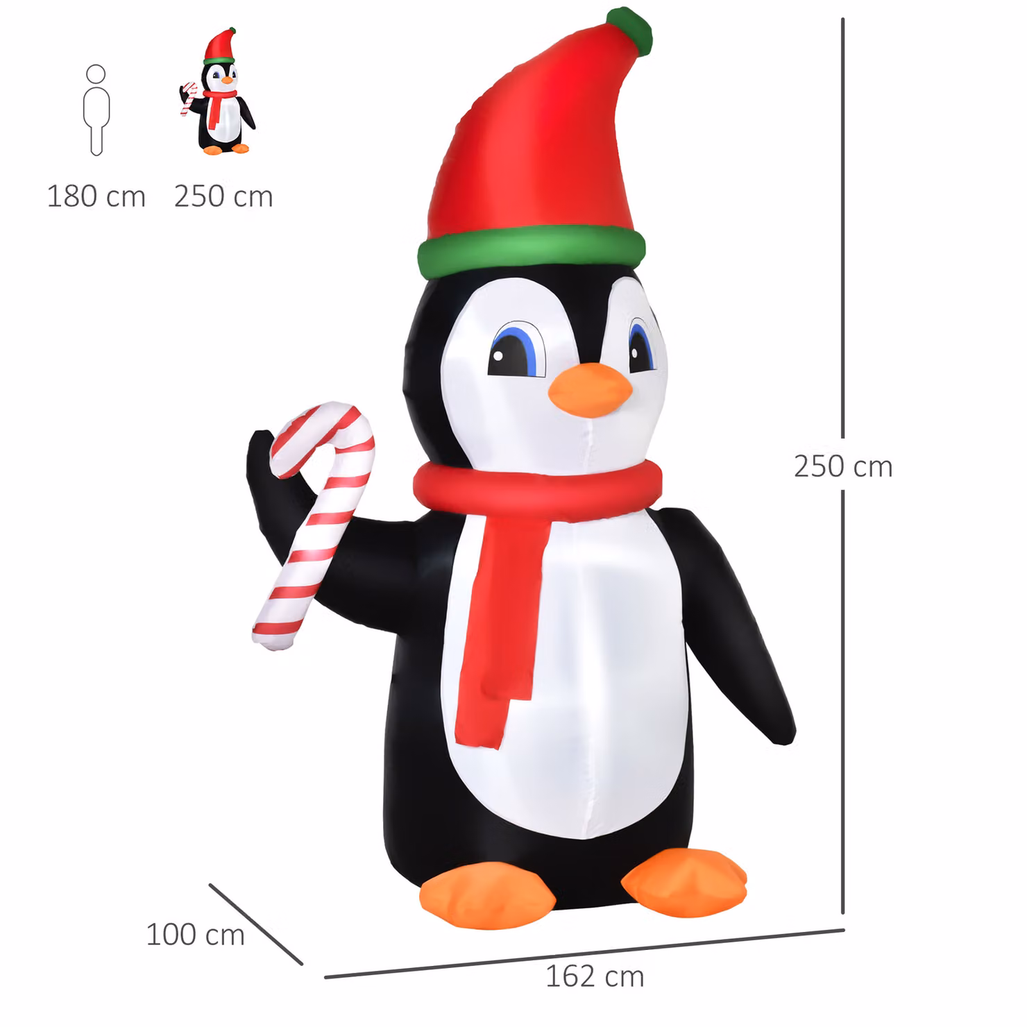 HOMCOM 2.5m Inflatable Christmas Penguin Holding Candy Cane Outdoor Decoration with LED Lights, Multicolour – 3