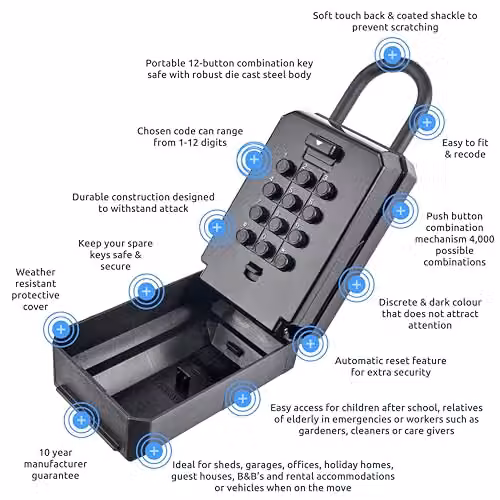 Squire KeyKeep 2 PB Push-Button Combination Key Safe in Black, Wall or Gate Mountable – 3