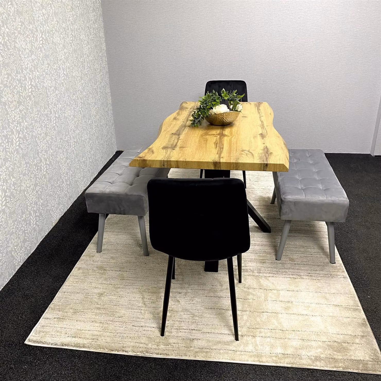 KOSY KOALA Wooden Dining Set with 1 Table, 2 Black Chairs and 2 Benches in Brown and Grey – 2