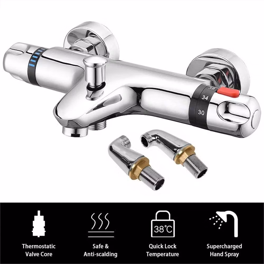 SPETLEK Chrome Deck Mounted Thermostatic Bath Shower Mixer Valve Bar Tap in Metallic Silver – 4