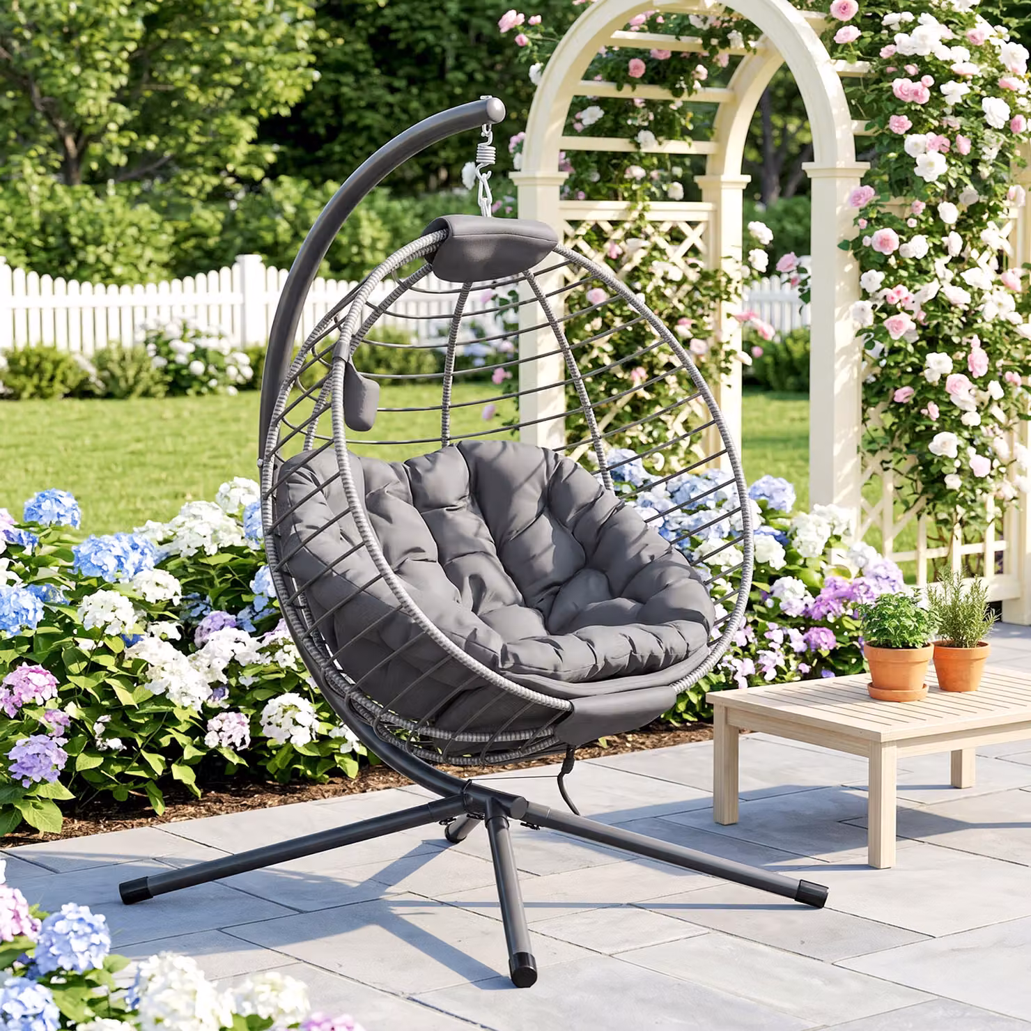 Outsunny PE Rattan Hanging Swing Chair with Metal Stand and Padded Cushion in Grey – 7