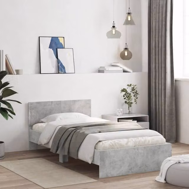 Berkfield Home Durable Engineered Wood Bed Frame with Under-Bed LED Lighting, Concrete Grey, W/D/H: 100 x 200 x 70 cm
