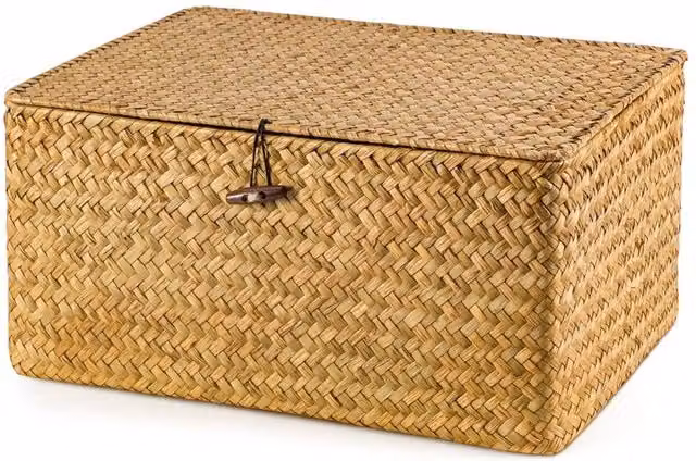 Kelvenix Caramel Seagrass Storage Hamper with Lid, Brown, W/D/H: 40.0 x 28.0 x 19.0 cm