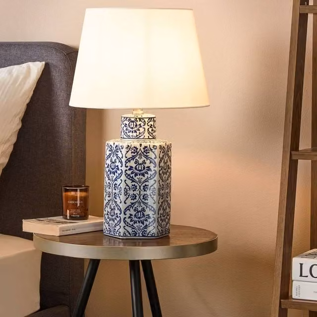 Wyld and Coco White and Blue Ceramic Table Lamp with Fabric Shade, Height: 53 cm – 1