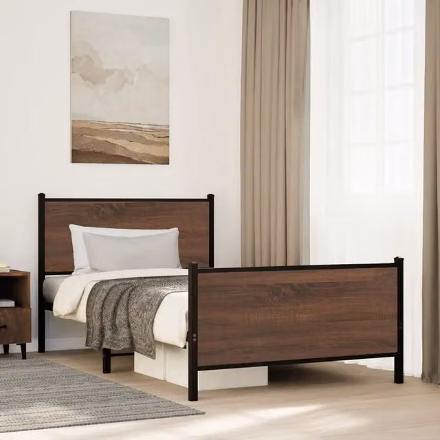 Berkfield Home Metal Bed Frame in Brown Oak, W: 100 cm, D: 200 cm – 1
