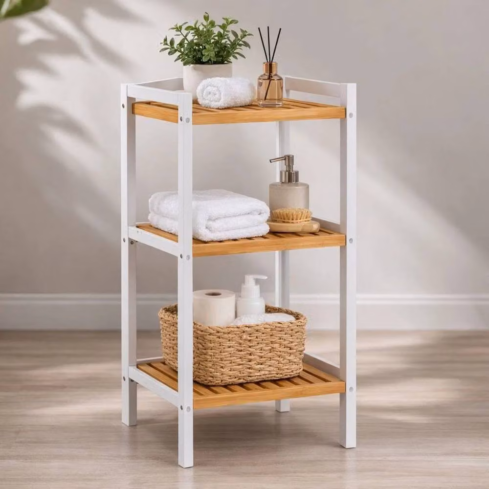 Kelvenix 3 Tier Slim Wooden Ladder Bathroom Shelf Storage in Brown and White – 2