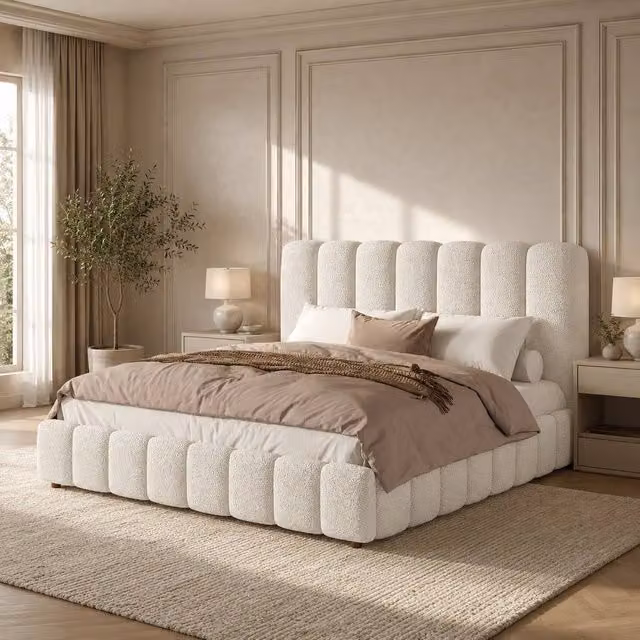 STILVORA King Size Upholstered Bouclé Bed with Hydraulic Storage in White, W/D/H: 180 x 200 x 102.5 cm (Height: 165 cm) – 1