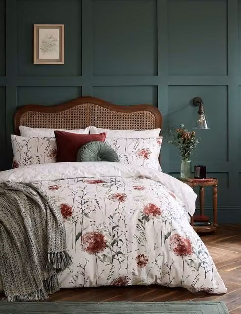 Laura Ashley Pallington Bloom Reversible Floral Cotton Bedding Set, Red and White, W: 180 cm, L: 200 cm