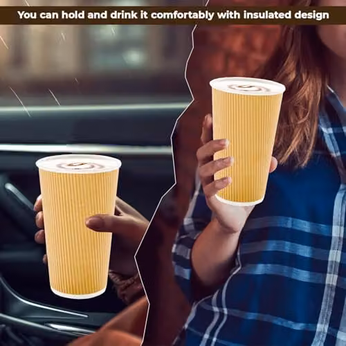 ECONX 100 x 20oz Brown Kraft Ripple Paper Insulated Disposable Coffee Cups with Lids – 5