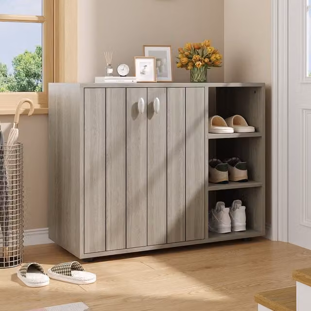 Livingandhome Modern Grey Wooden Shoe Storage Cabinet with Hinged Doors and Open Shelving