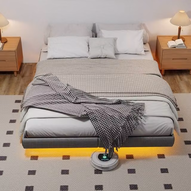 Rolipo Grey Fabric Floating Double Bed Frame with RGB LED Under-Bed Lighting and Metal Storage W/D/H: 140 x 200 cm
