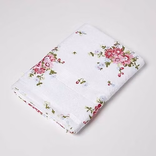 Homescapes Floral Printed Cotton Bath Towel in White, Pink and Green, W/D/H: 130 x 70 x 70 cm