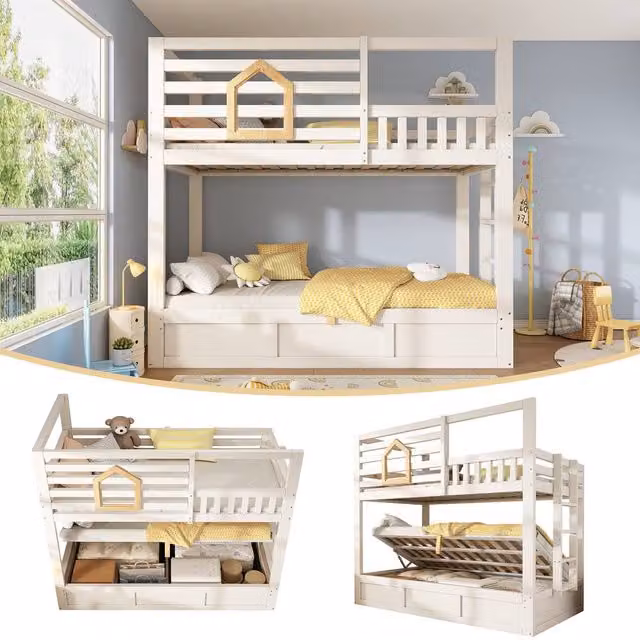 ModernLuxe Children's Two-Level Bunk Bed with Ottoman Storage and Safety Rail in White and Black, W/D/H: 190 x 90 x 184 cm