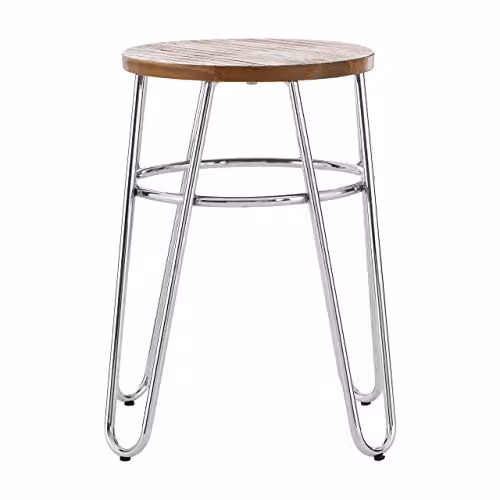 Premier Housewares Industrial Bar Stool with Metal and Wood Top, Silver and Brown, W: 35 cm, D: 35 cm, H: 47.5 cm