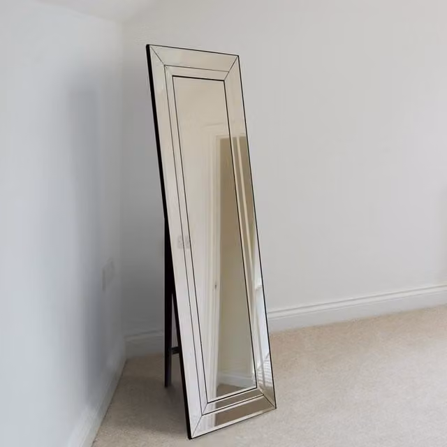 MirrorOutlet Modern Venetian Double Bevel Cheval Free Standing Glass Mirror, H 150 cm x W 40 cm