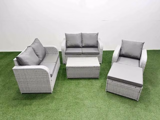 Fimous Grey Poly Rattan Garden Furniture Set with 2 Seater Sofa, Reclining Armchair, Coffee Table and Ottoman