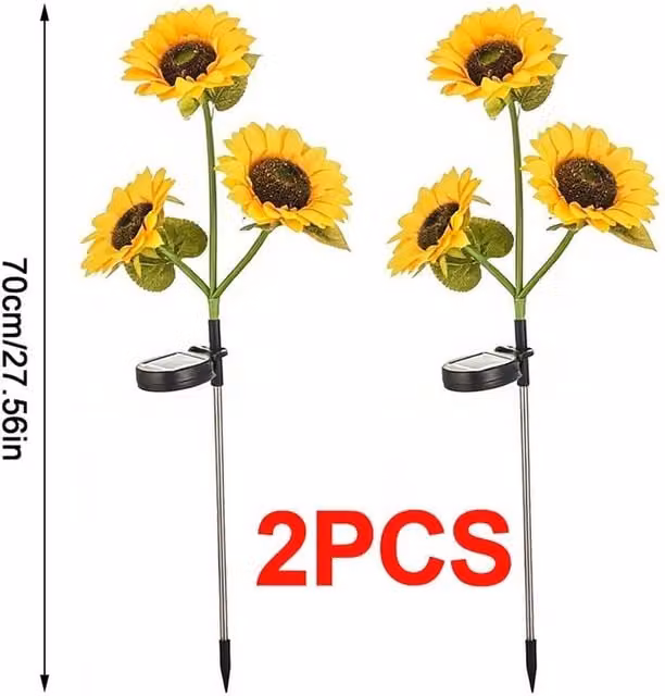 VOGREX 2-Piece Solar 3-Head Sunflower LED Garden Stake Lights in Yellow – 1